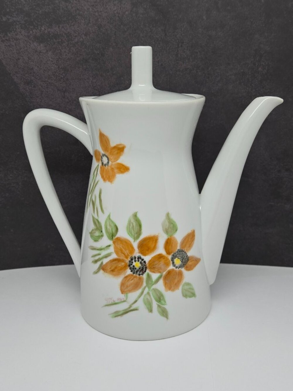 Vintage Floral Ceramic Teapot, Orange Flowers, Hand Painted, Signed, 1987